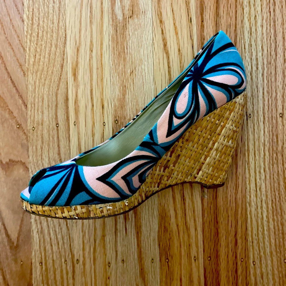Multicolored Open Toe Canvas with Straw Wedge Heel